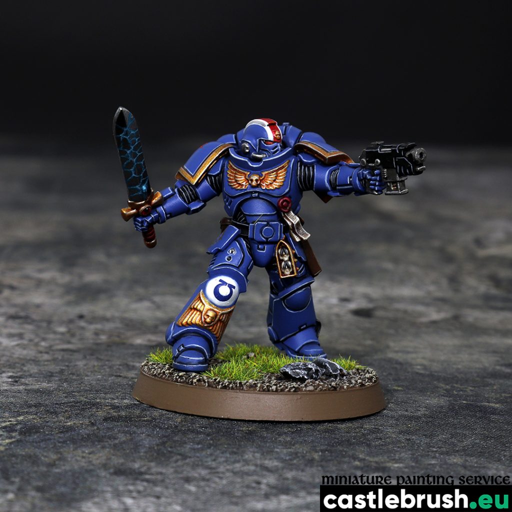 Primaris Lieutenant with Power Sword, right front, painted by Castle Brush miniature painting studio