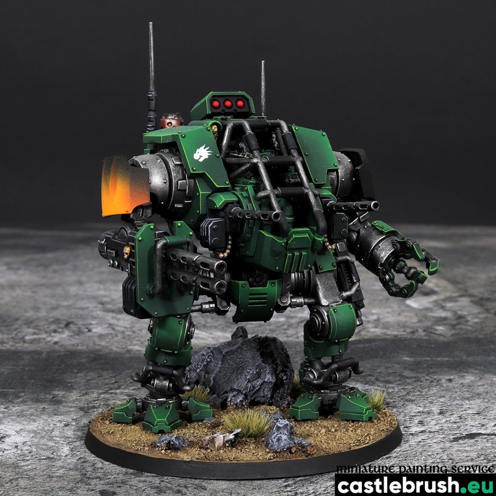 Salamanders Primaris Invictor Tactical Warsuit, right front view, painted by Castle Brush miniature painting studio