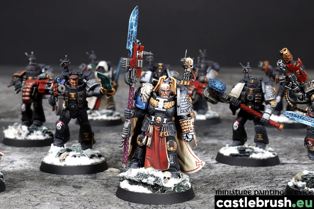 Deathwatch Space Marines, front group view, painted by Castle Brush miniature painting studio