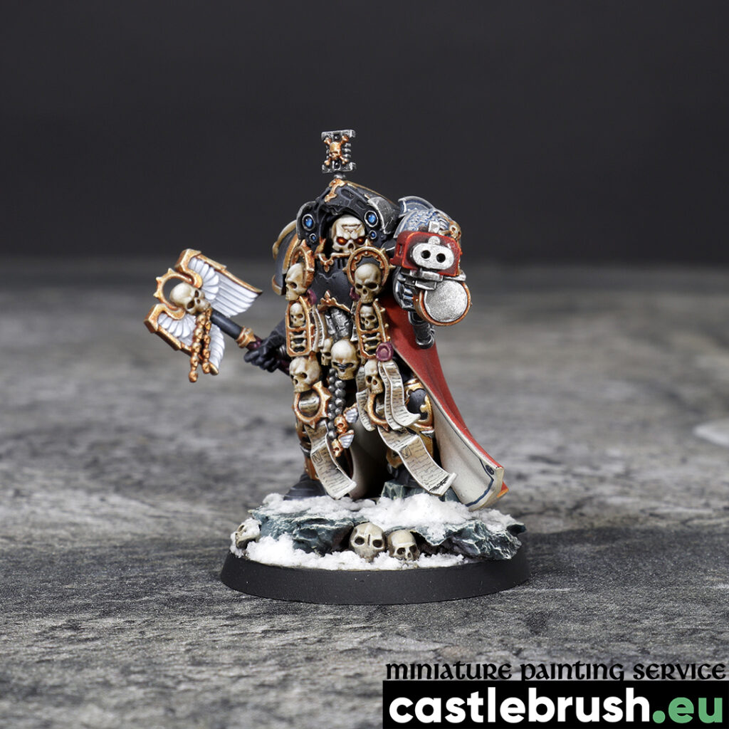 Mortifactors Chaplain in Terminator armour, front view, painted by Castle Brush miniature painting studio
