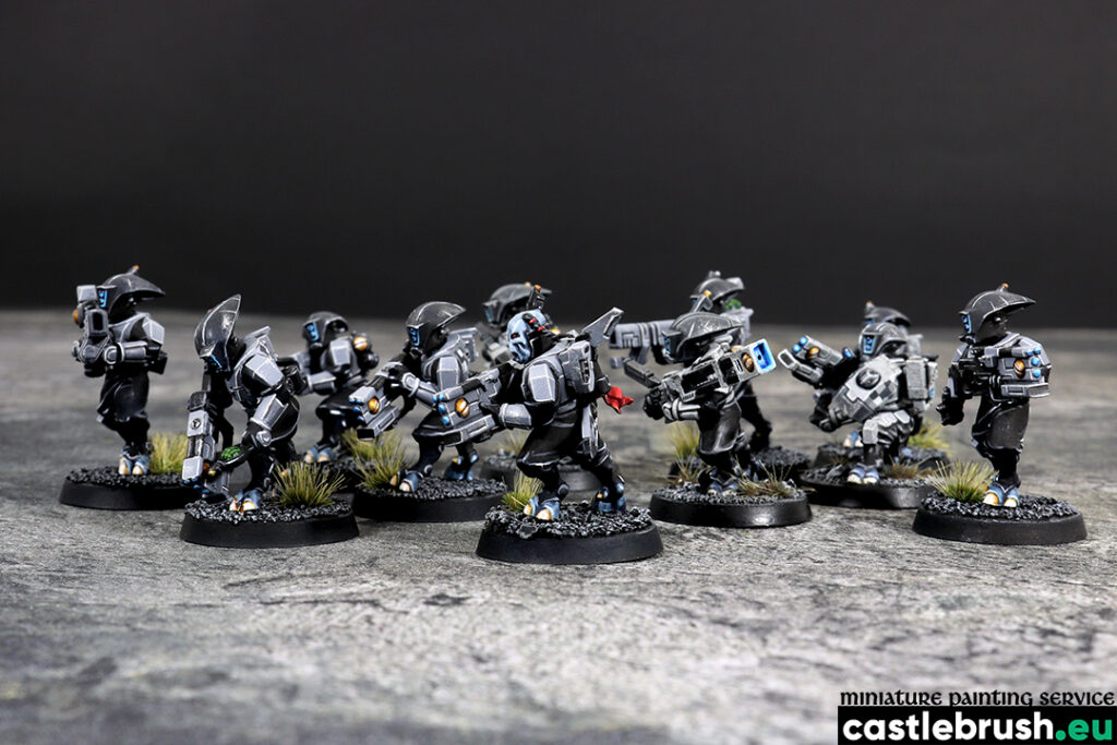 Tau Pathfinder Team, Tau Empire faction, Warhammer 40000, left side view, painted by Castle Brush miniature painting studio