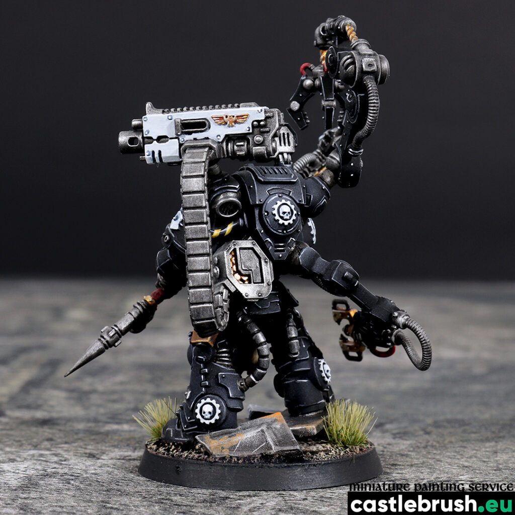 Iron Hands Iron Father Feirros, Space Marines faction, left backside view, painted by Castle Brush miniature painting studio