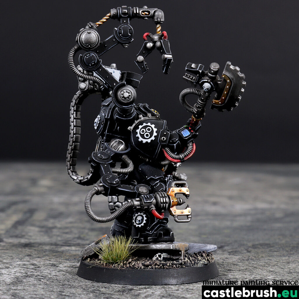Iron Hands Iron Father Feirros, Space Marines faction, right side view, painted by Castle Brush miniature painting studio