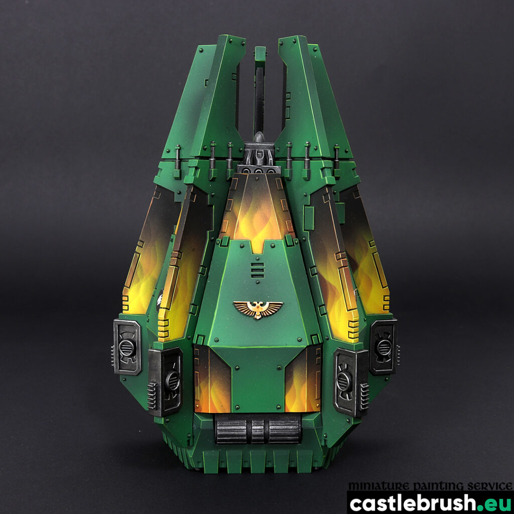 Salamanders Space Marines Drop Pod, alternative side, Space Marines faction, Warhammer 40000, painted by Castle Brush miniature painting studio