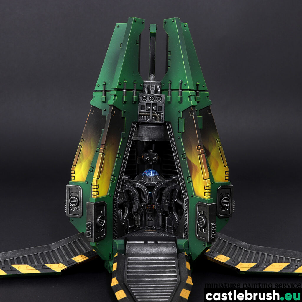 Salamanders Space Marines Drop Pod, open, Space Marines faction, Warhammer 40000, painted by Castle Brush miniature painting studio