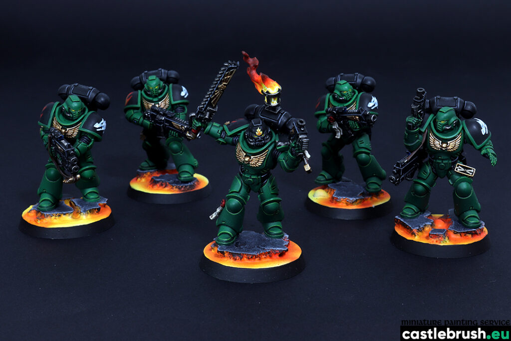 Salamanders Space Marine Intercessors, squad 1, Space Marines faction, Warhammer 40000, painted by Castle Brush miniature painting studio