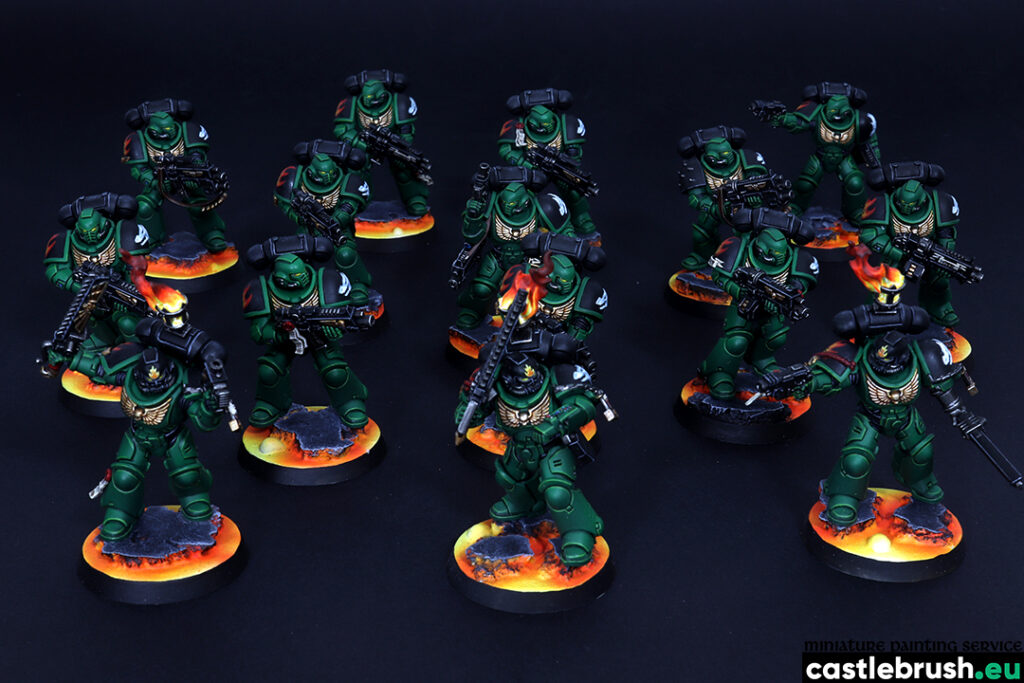 Salamanders Space Marine Intercessors, Space Marines faction, Warhammer 40000, painted by Castle Brush miniature painting studio