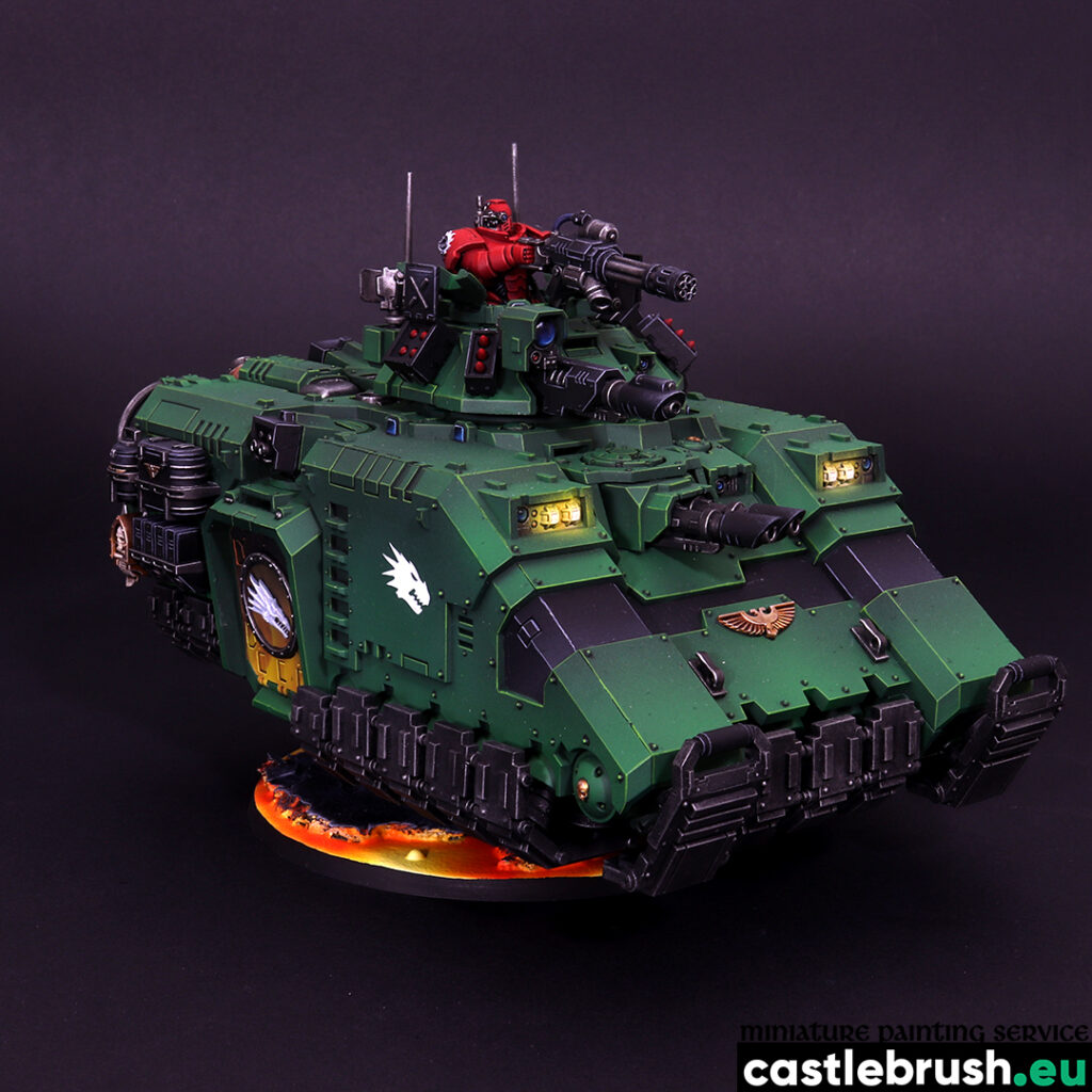 Salamanders Space Marines Repulsor tank, front view, Space Marines faction, Warhammer 40000, painted by Castle Brush miniature painting studio