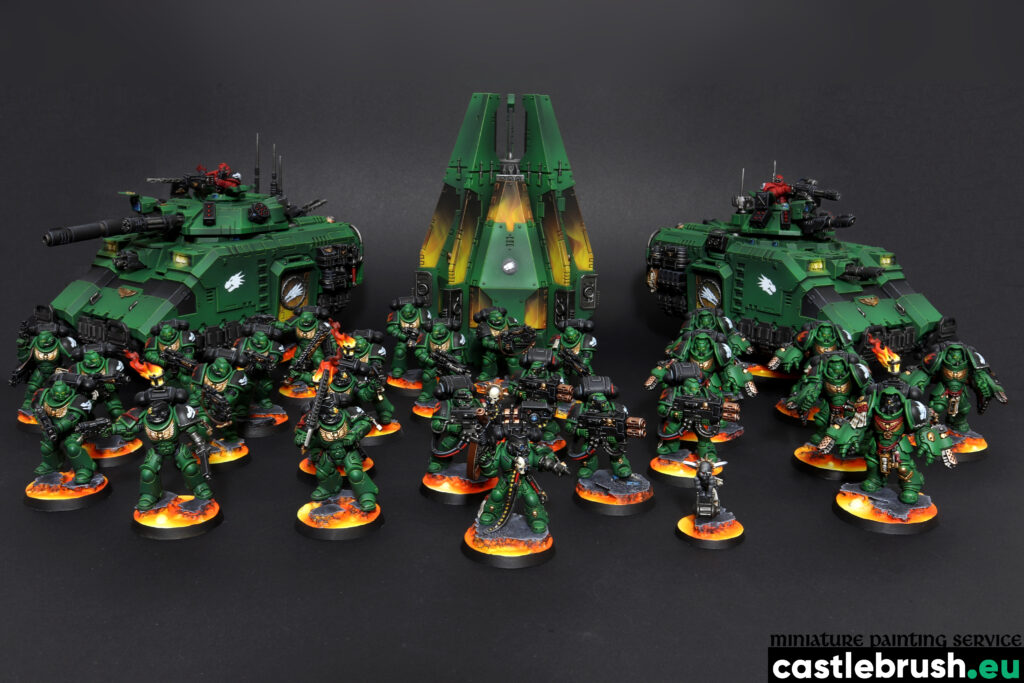 Salamanders Space Marines, Space Marines faction, Warhammer 40000, whole force, painted by Castle Brush miniature painting studio