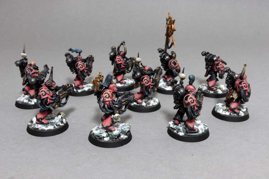 Noise Marines, elite shooting infantry unit using sonic weaponry; out of production miniatures, professionally painted by Castle Brush Miniature Painting Service; miniatures by Games Workshop; right side view